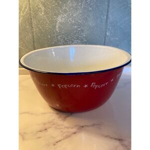 Vintage Red Enamel Popcorn Bowl White Speckled Mmmm More Popcorn Please 10 Inch